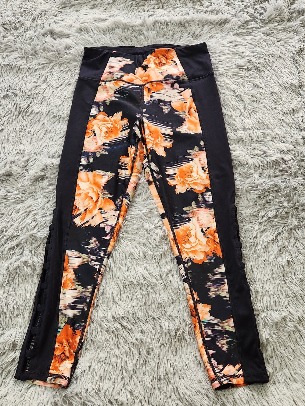 Luv Bestey Black and Orange Floral Cut Out Capri Leggings